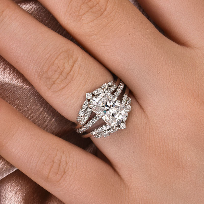 Moissanite 3.5 Ct Radiant Cut Insert Wedding Ring Set With Jacket Stack Wedding Band