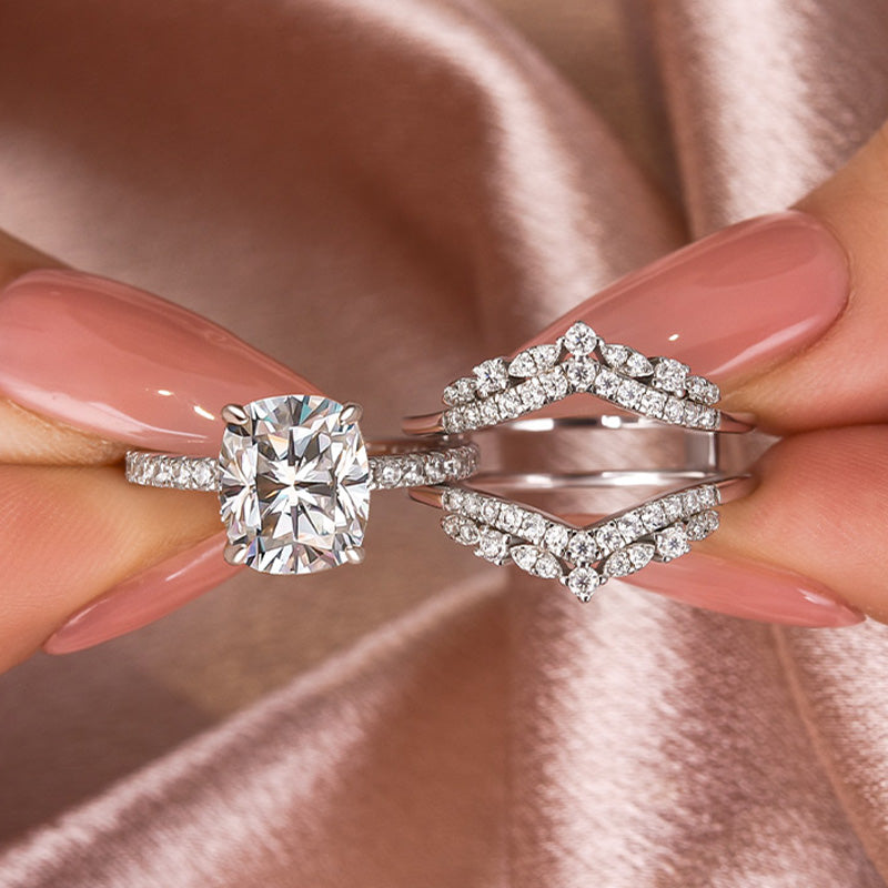 Moissanite 3.0 Ct Cushion Cut Insert Wedding Ring Set With Jacket Stack Wedding Band