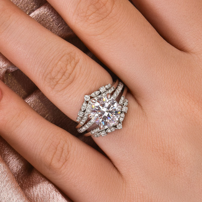Moissanite 3.0 Ct Round Cut Insert Wedding Ring Set With Jacket Stack Wedding Band