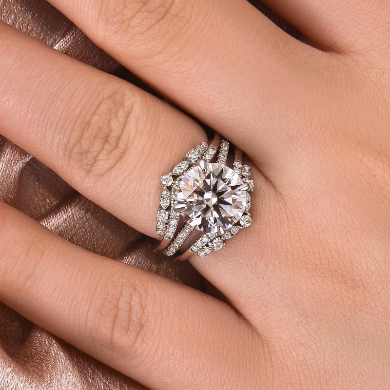 Moissanite 4.0 Ct Round Cut Insert Wedding Ring Set With Jacket Stack Wedding Band