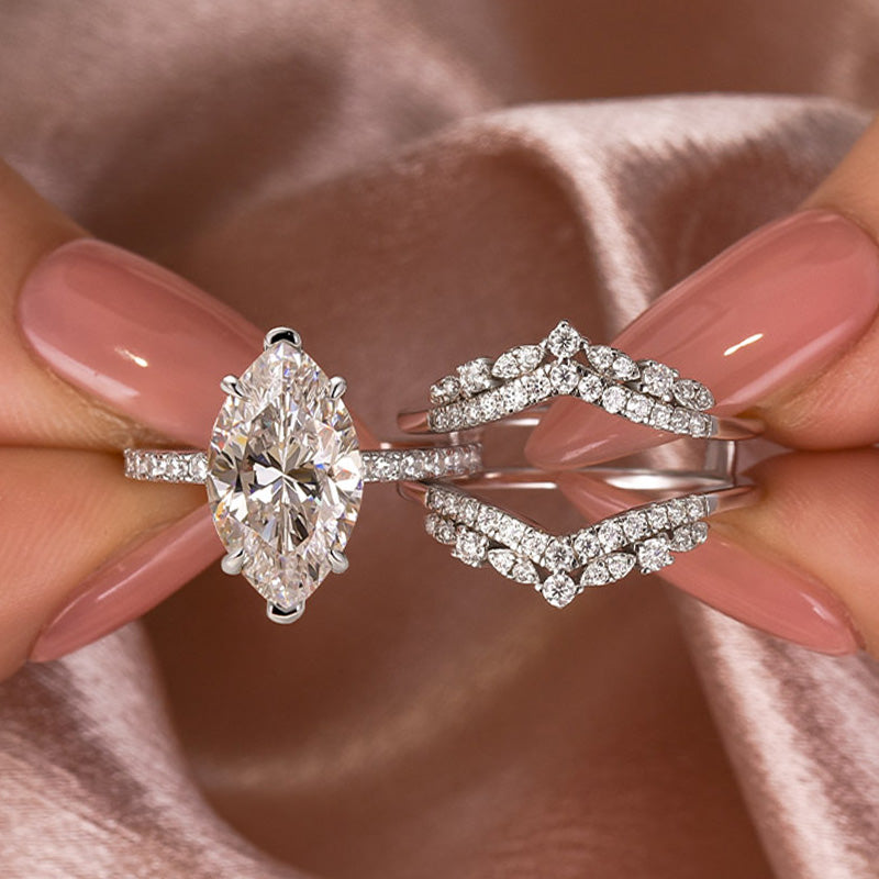 Moissanite 4.0 Ct Marquise Cut Insert Wedding Ring Set With Jacket Stack Wedding Band