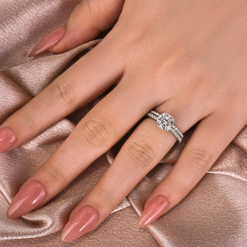 Moissanite 2.0 Ct Square Cushion Wedding Ring Set With Half Halo Wedding Band