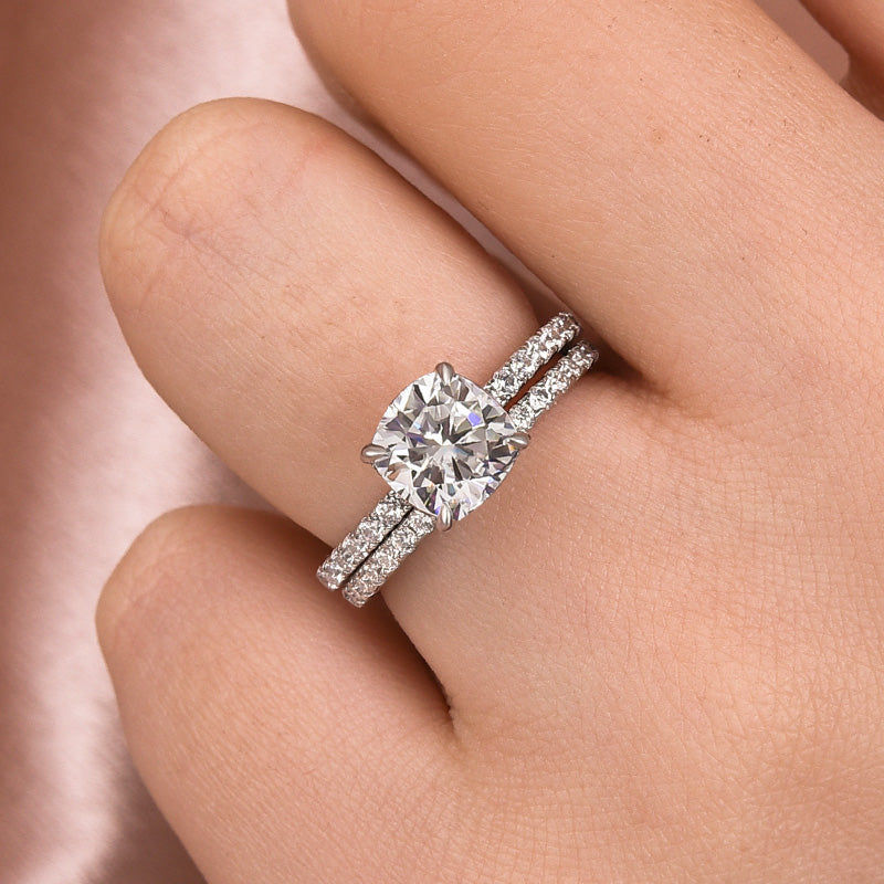 Moissanite 2.0 Ct Square Cushion Wedding Ring Set With Half Halo Wedding Band