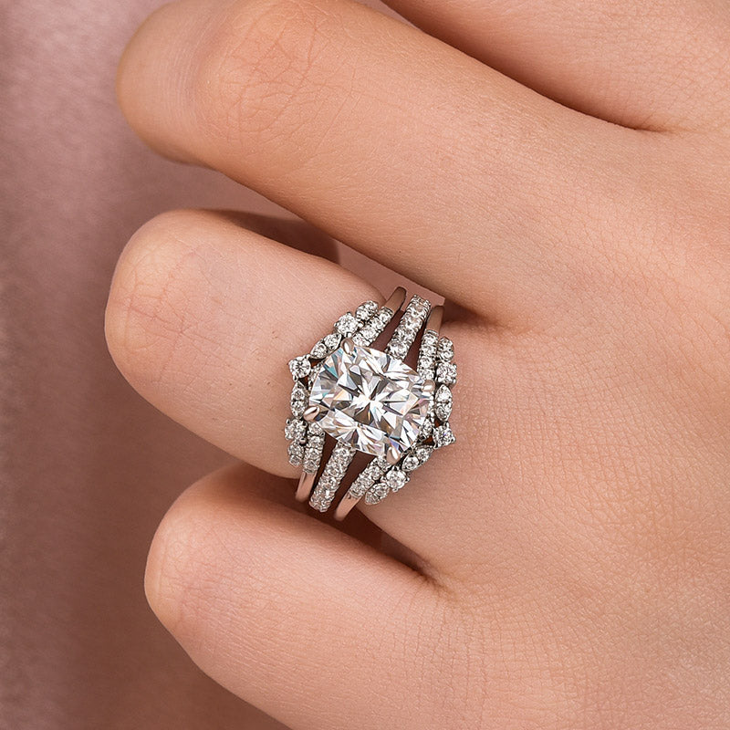 Moissanite 3.0 Ct Cushion Cut Insert Wedding Ring Set With Jacket Stack Wedding Band