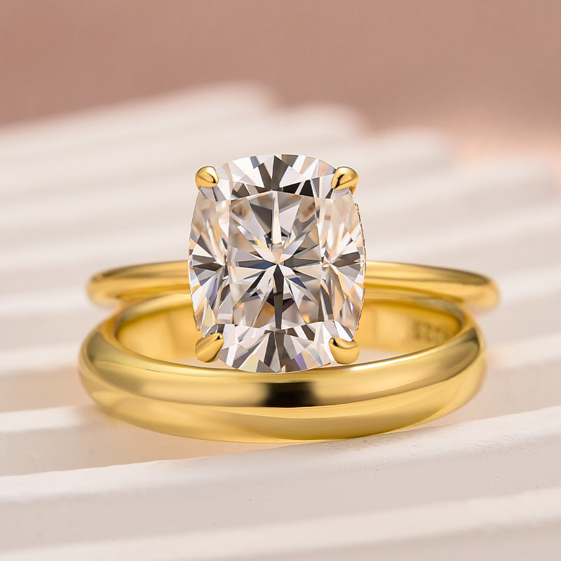 Maxine Moissanite 4.0 Ct Cushion Cut Yellow Gold Wedding Ring Set with Wide Band