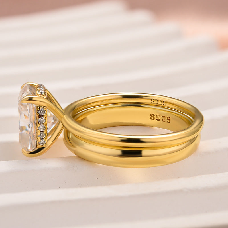 Maxine Moissanite 4.0 Ct Cushion Cut Yellow Gold Wedding Ring Set with Wide Band