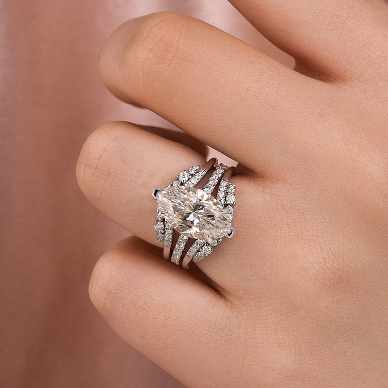 Moissanite 4.0 Ct Marquise Cut Insert Wedding Ring Set With Jacket Stack Wedding Band