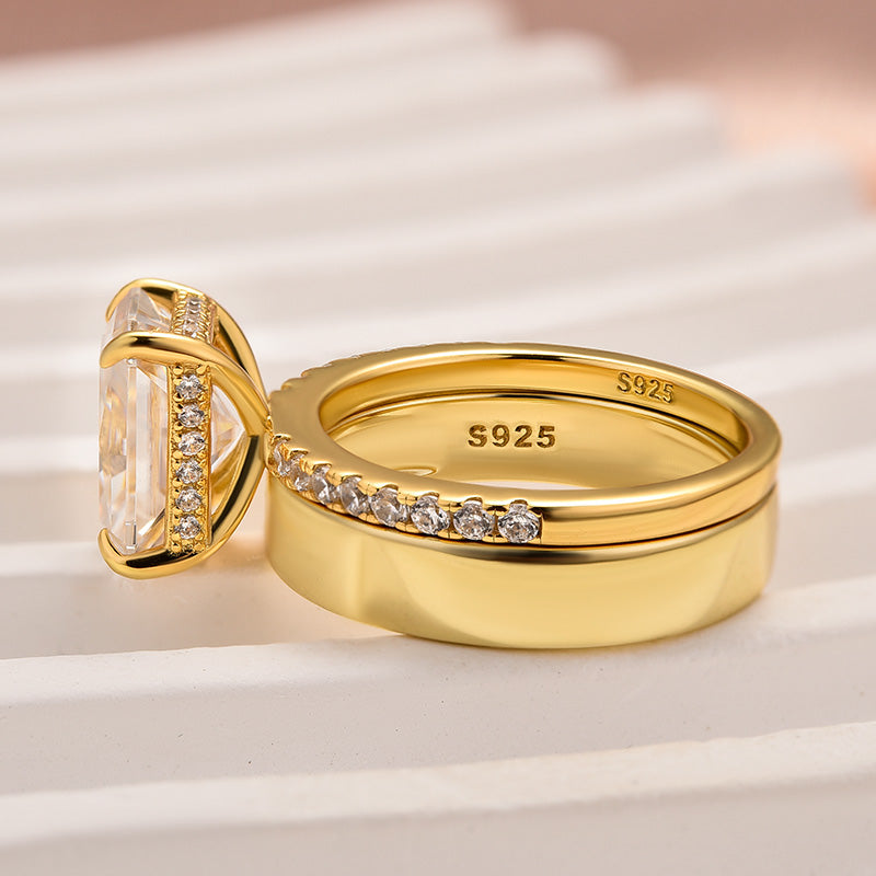 Ahabobo Classic Moissanite 3.5 Ct Radiant Cut Yellow Gold Wedding Ring Set with Wide Wedding Band