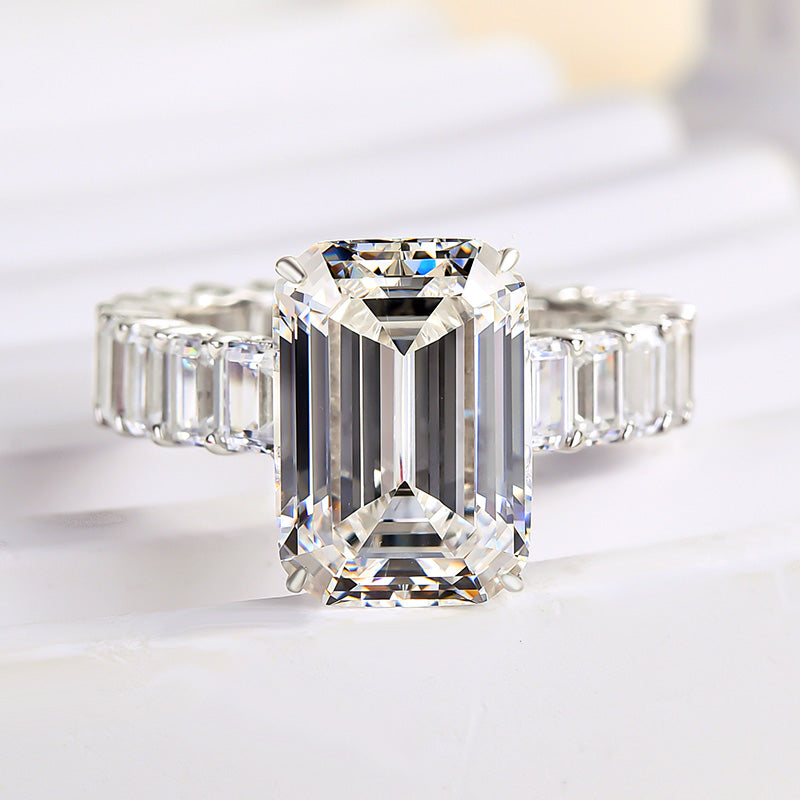 Luxury Emerald Cut Engagement Ring In Sterling Silver