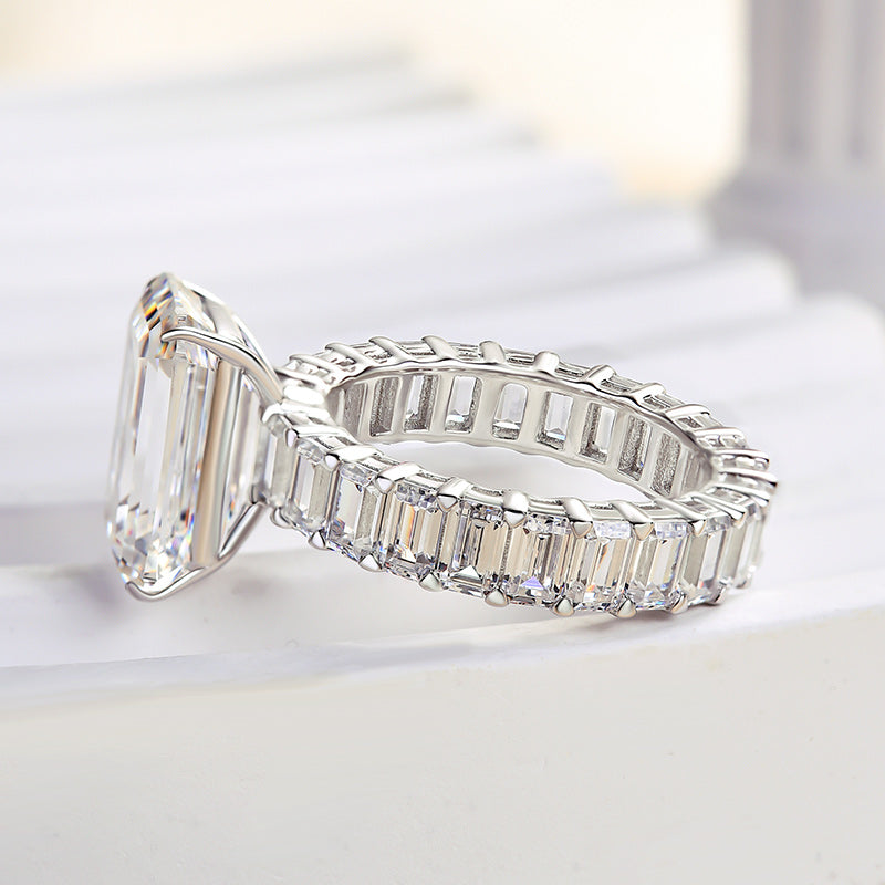 Luxury Emerald Cut Engagement Ring In Sterling Silver