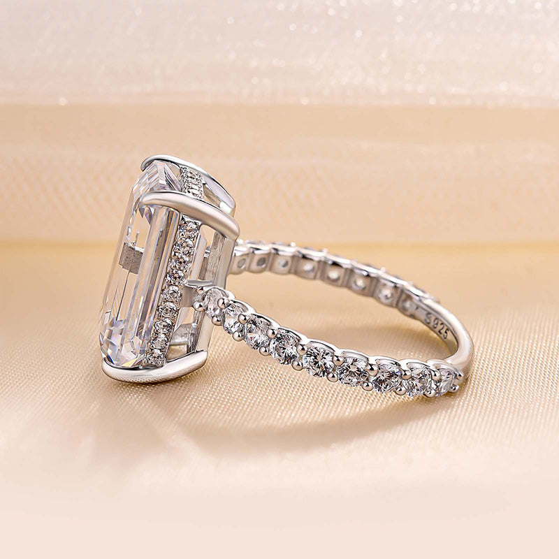 Exclusive Elongated Emerald Cut Engagement Ring In Sterling Silver