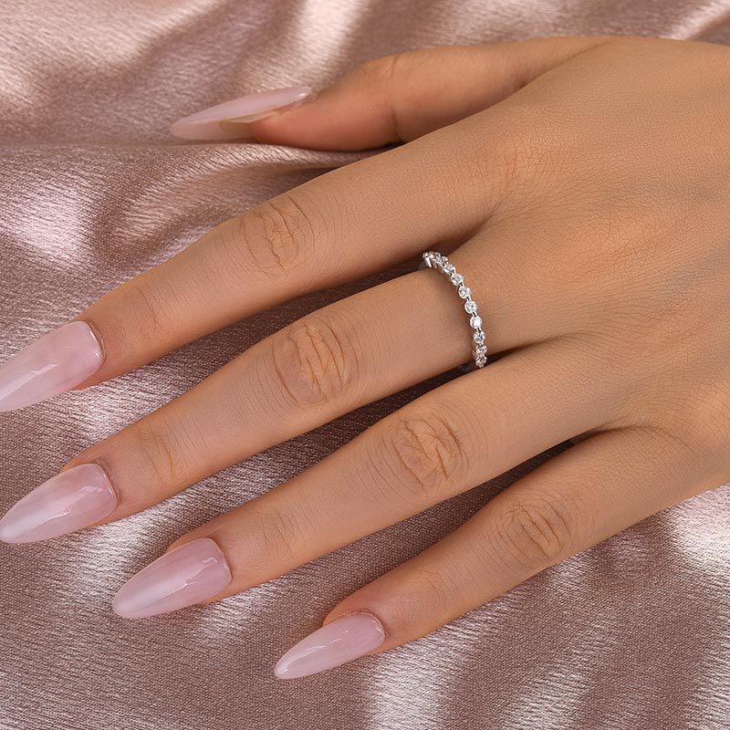 Ahabobo Moissanite Round Cut Half Eternity Thin Women's Wedding Band In Sterling Silver