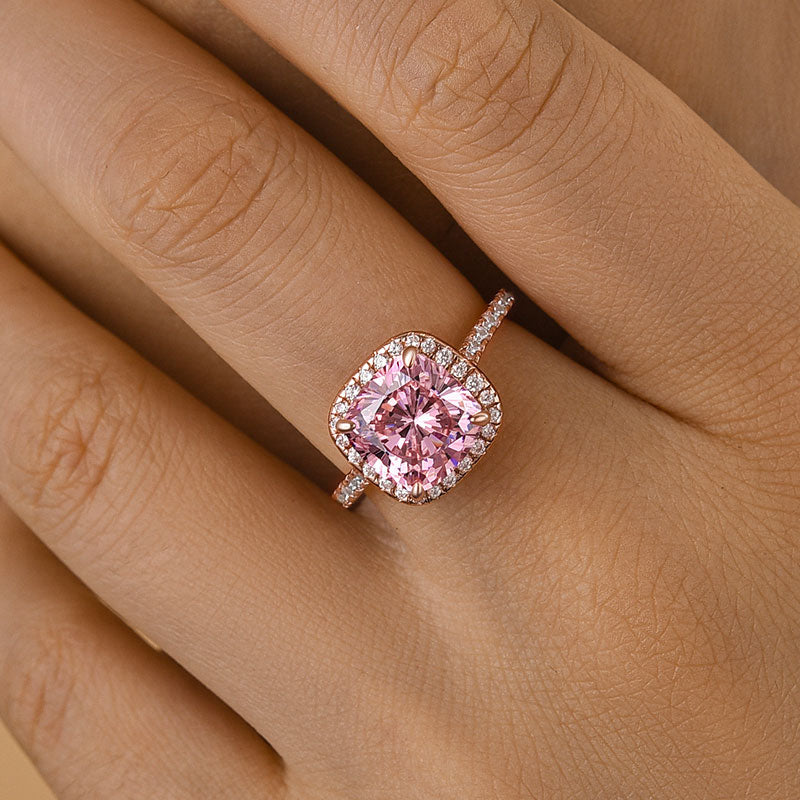 Elegant Cushion Cut Synthetic Morganite Halo Engagement Ring In Sterling Silver