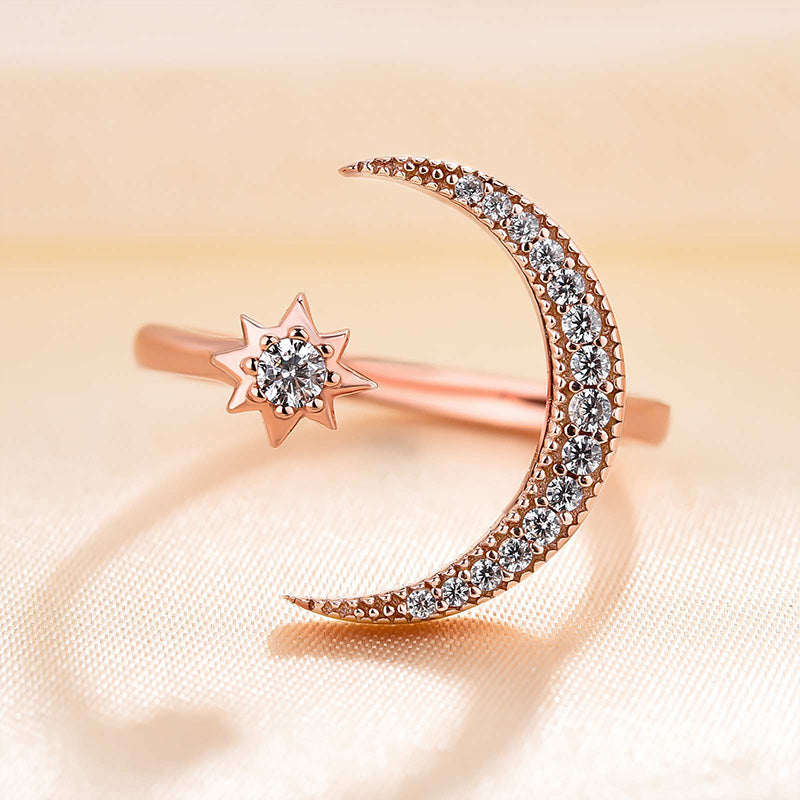 Crescent Moon & Star Adjustable Open Ring