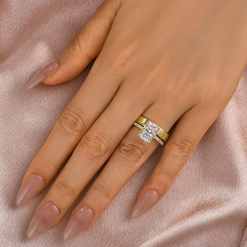 Maxine Classic Moissanite 3.5 Ct Radiant Cut Yellow Gold Wedding Ring Set with Wide Wedding Band