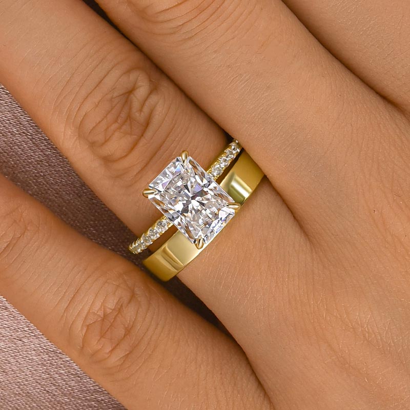 Maxine Classic Moissanite 3.5 Ct Radiant Cut Yellow Gold Wedding Ring Set with Wide Wedding Band
