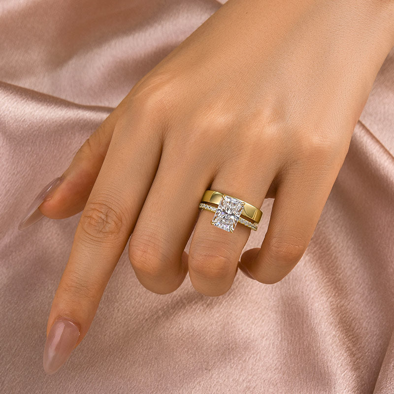 Ahabobo Classic Moissanite 3.5 Ct Radiant Cut Yellow Gold Wedding Ring Set with Wide Wedding Band