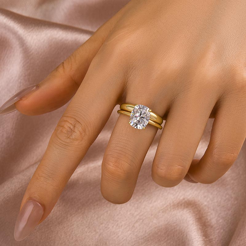 Maxine Moissanite 4.0 Ct Cushion Cut Yellow Gold Wedding Ring Set with Wide Band