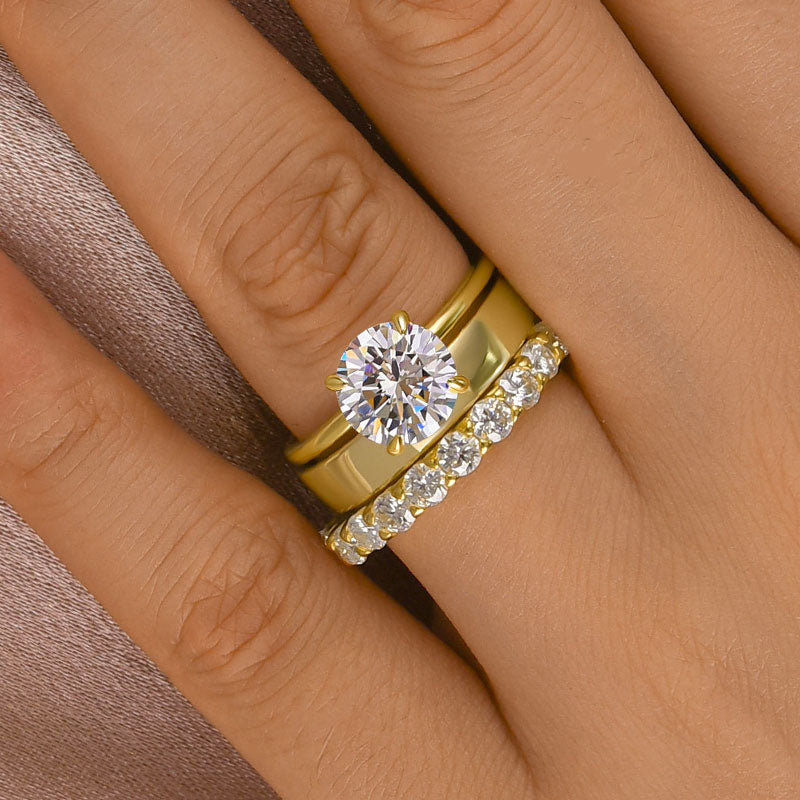 Maxine Moissanite 2.0 Carat Round Cut Yellow Gold Wedding Ring Set with Wide Band