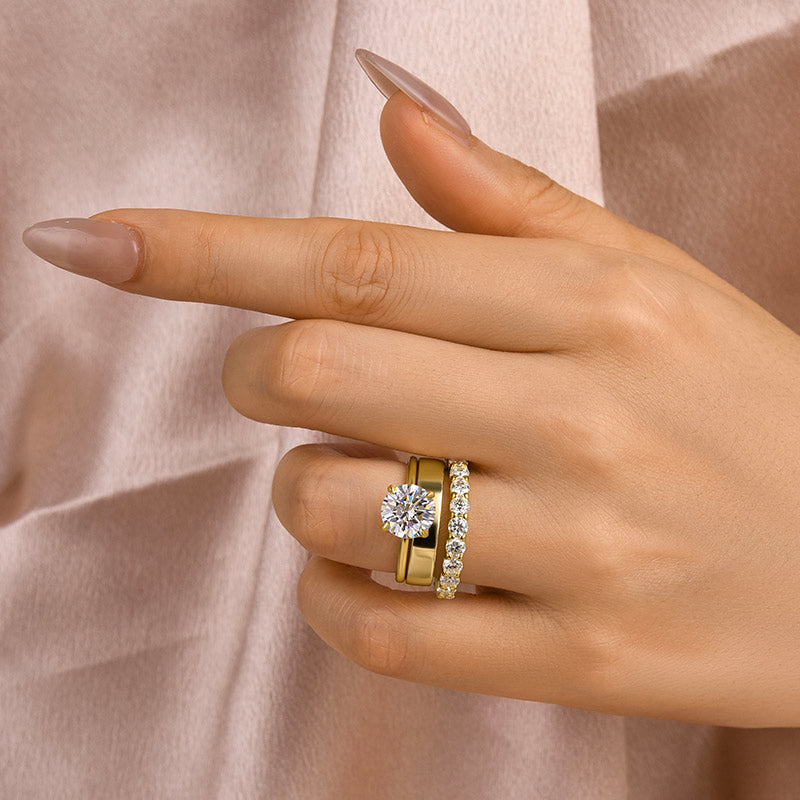 Maxine Moissanite 2.0 Carat Round Cut Yellow Gold Wedding Ring Set with Wide Band