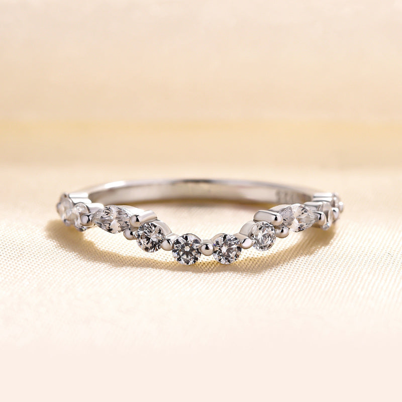 Unique Half Round & Marquise Cut Wedding Band In Sterling Silver