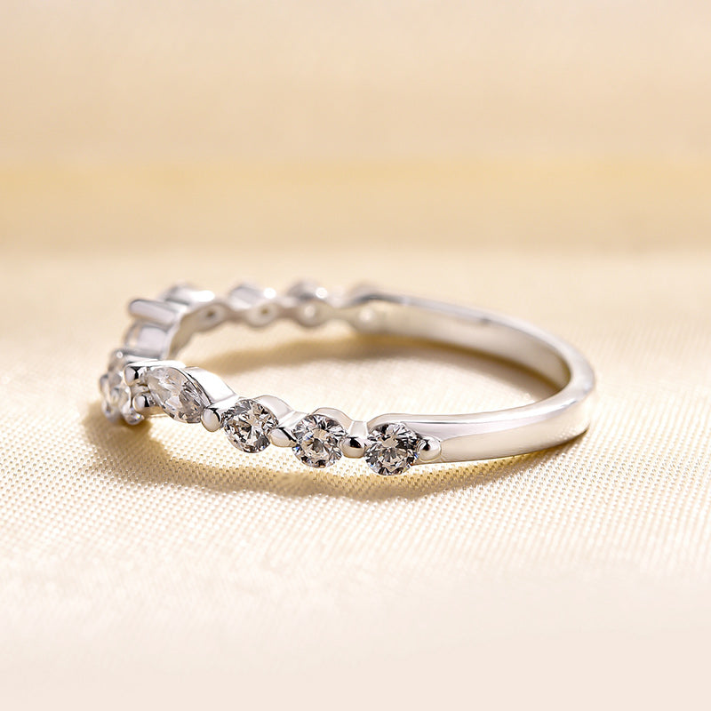 Unique Half Round & Marquise Cut Wedding Band In Sterling Silver