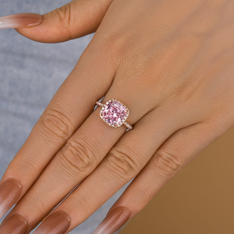 Elegant Cushion Cut Synthetic Morganite Halo Engagement Ring In Sterling Silver