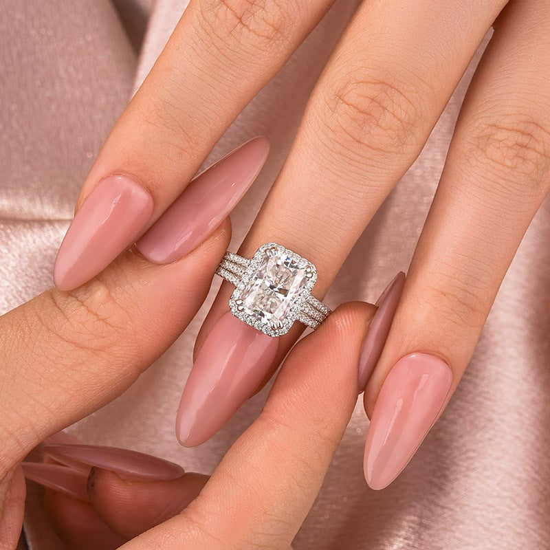 Moissanite Halo Three Shank 3.5Ct Radiant Cut White Gold Engagement Ring