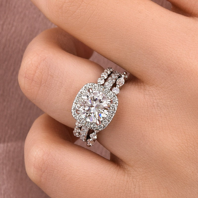 Moissanite 2.0Ct Halo Round Cut White Gold Promise Ring With Round Cut & Marquise Cut Anniversary Ring