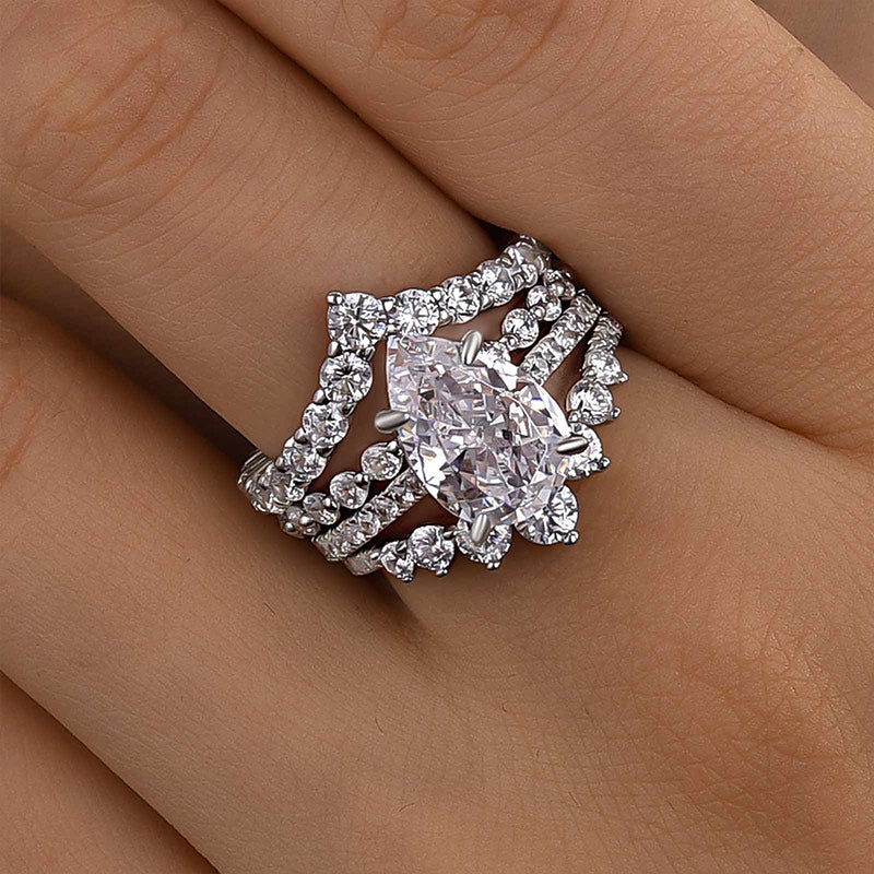 Ahabobo 4PC Glamorous Pear Cut Wedding Ring Set