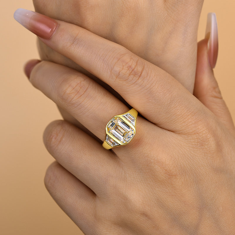 Luxury Yellow Gold Three Stone Emerald Cut Bezel Engagement Ring