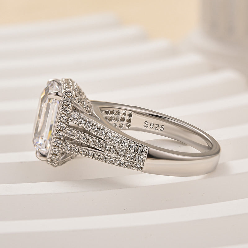 Maxine Exclusive Split Shank Emerald Cut Engagement Ring In Sterling Silver