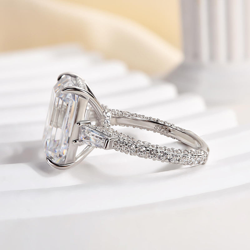 Maxine 7.5Ct Emerald Cut Three Stone Engagement Ring In Sterling Silver