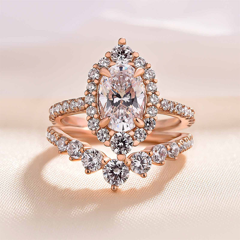 Rose Gold Unique Design Halo Oval Cut Wedding Set In Sterling Silver