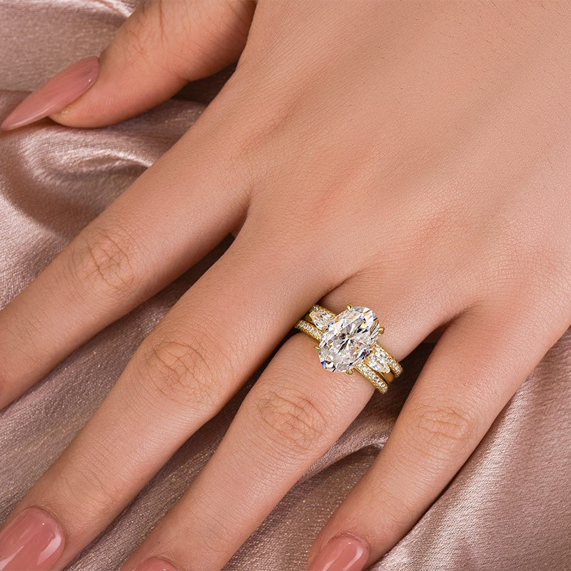 Moissanite 4.0Ct Oval Cut Side Stone Yellow Gold With PavÃ© Wedding Ring