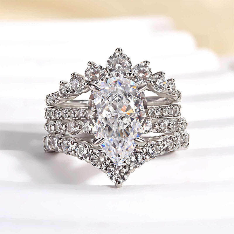 Ahabobo 4PC Glamorous Pear Cut Wedding Ring Set