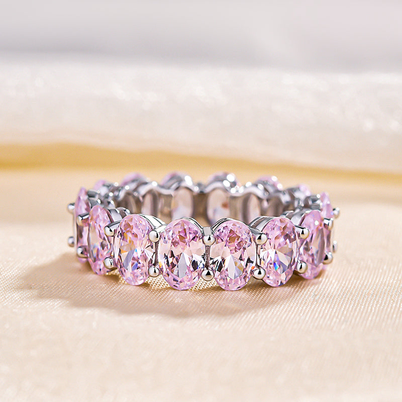 Stunning Oval Cut Pink Sapphire Simulated Diamond Wedding Band Ring In Sterling Silver
