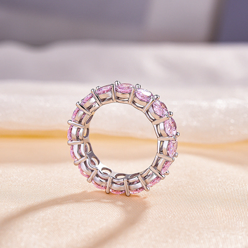 Stunning Oval Cut Pink Sapphire Simulated Diamond Wedding Band Ring In Sterling Silver