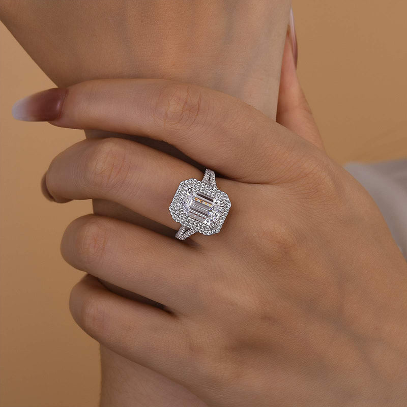 Maxine Luxurious Double Halo Emerald Cut Engagement Ring In Sterling Silver