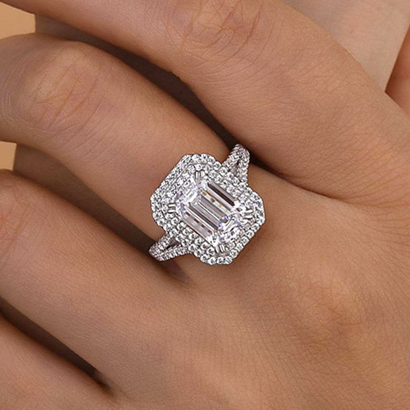 Maxine Luxurious Double Halo Emerald Cut Engagement Ring In Sterling Silver