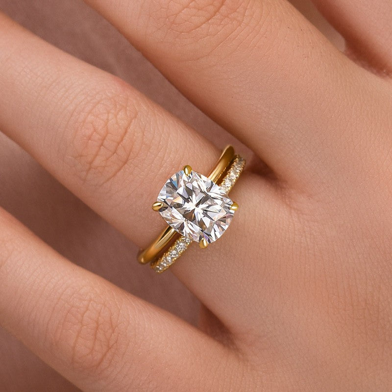 Moissanite 4.0 Ct Solitaire Cushion Cut Yellow Gold Wedding Ring Set