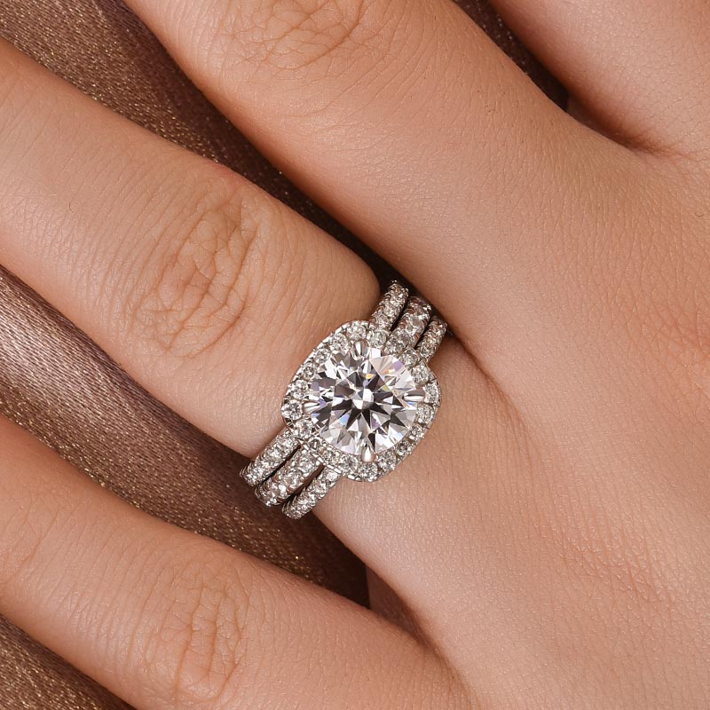 Moissanite 2.0 Ct Halo Round Cut White Gold Promise Ring with Full Eternity Thin Wedding Band