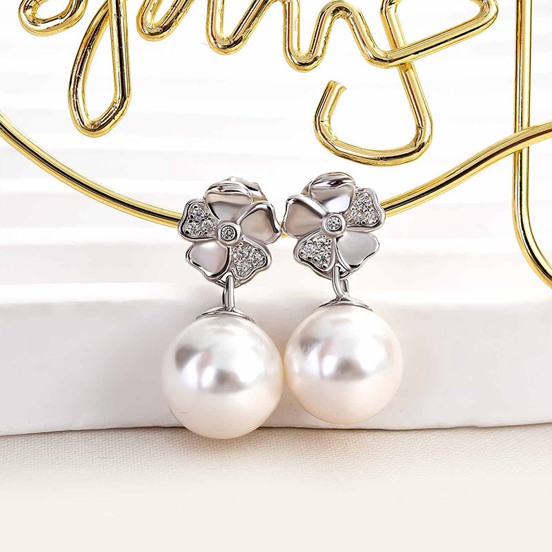 Ahabobo Elegant Pearl Earrings In Sterling Silver For Woman