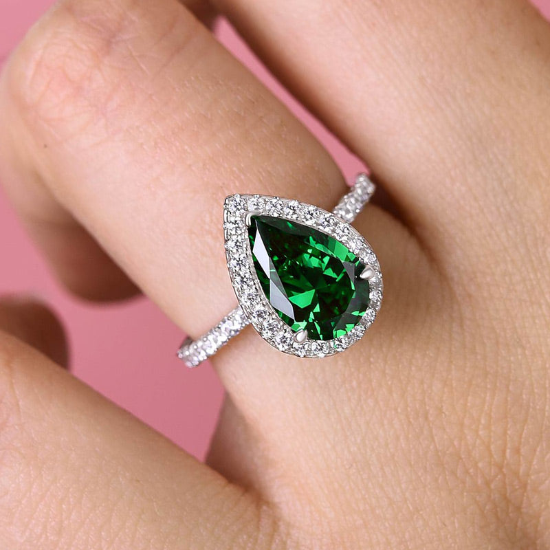 2.2 Carat Emerald Green Sapphire Halo Pear Cut Engagement Ring In Sterling Silver