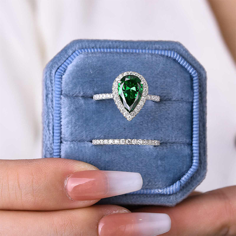 Simple 2.2 Carat Emerald Green Halo Pear Cut Wedding Set In Sterling Silver