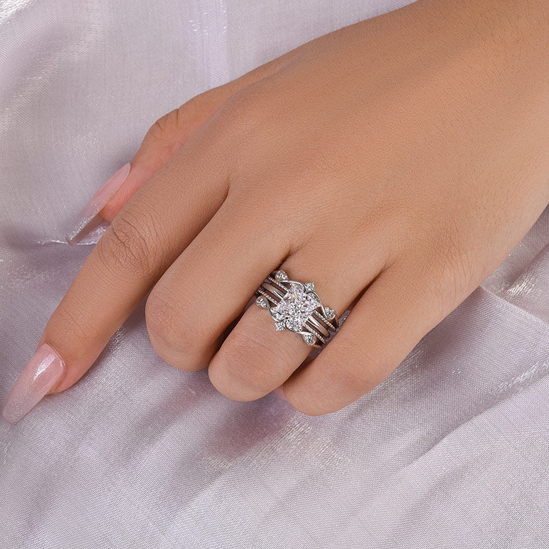 Ahabobo Noble Crown Design Square Princess Cut Insert Wedding Ring Set