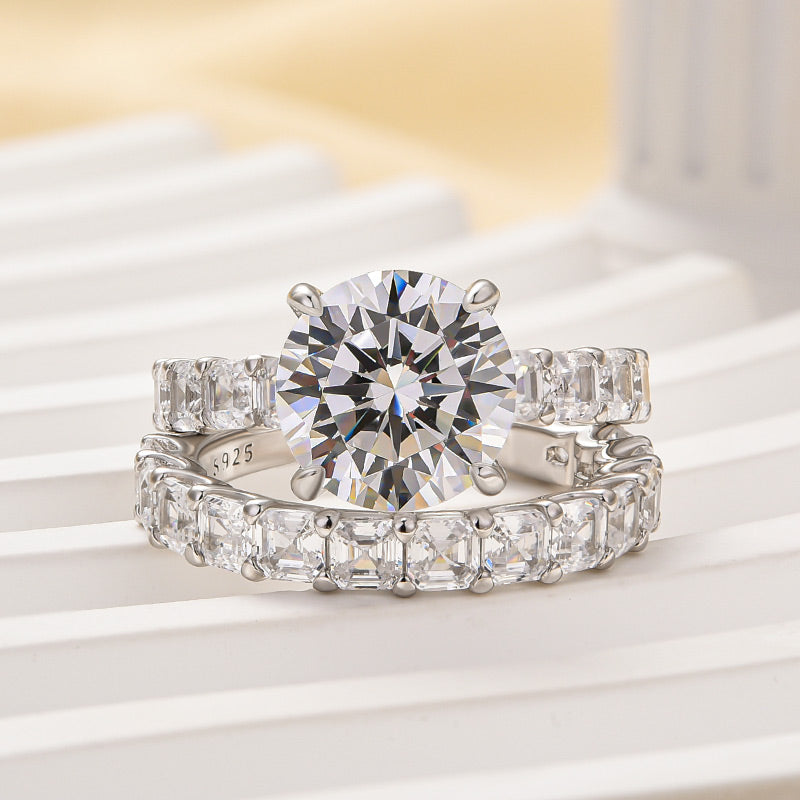 Asscher Cut Side Stone 2.0Ct Round Cut Wedding Ring Set