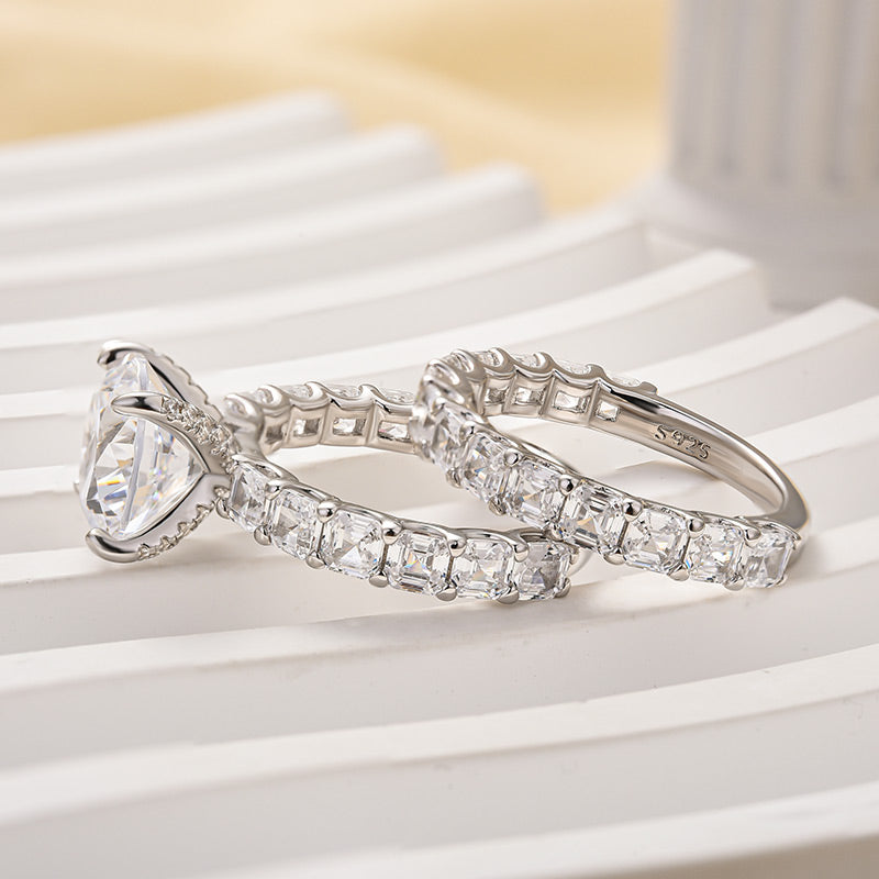 Asscher Cut Side Stone 2.0Ct Round Cut Wedding Ring Set