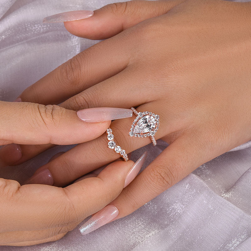 Elegant Rose Gold 2.2 Carat Halo Pear Cut Bridal Ring Set In Sterling Silver