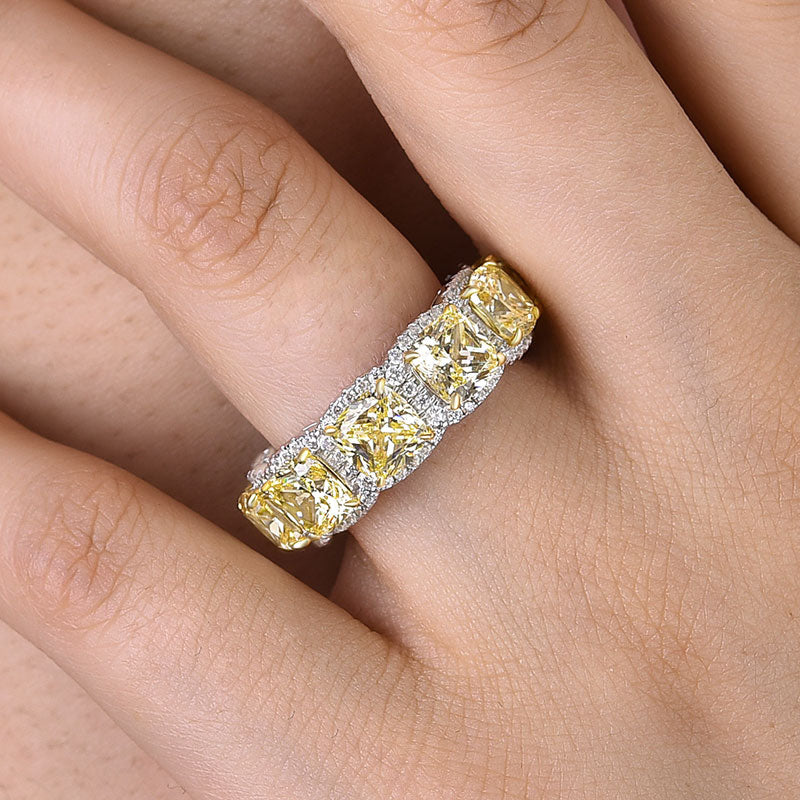 Luxurious Halo Cushion Cut Yellow Sapphire Wide Wedding Band for Her In Sterling Silver